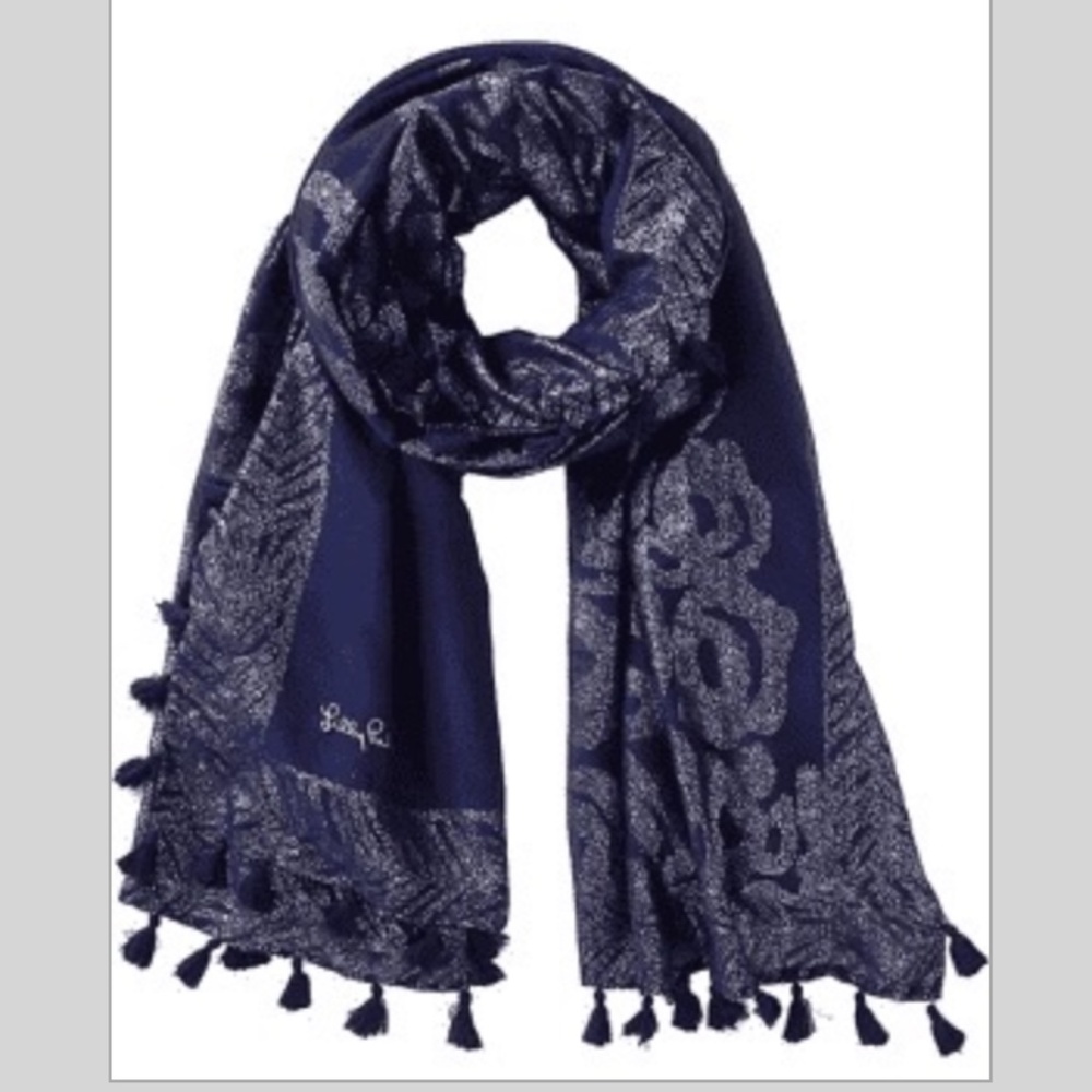 NWT Lilly Pulitzer Sienna Wrap True Navy Gold Treasure Trunk Engineered Scarf